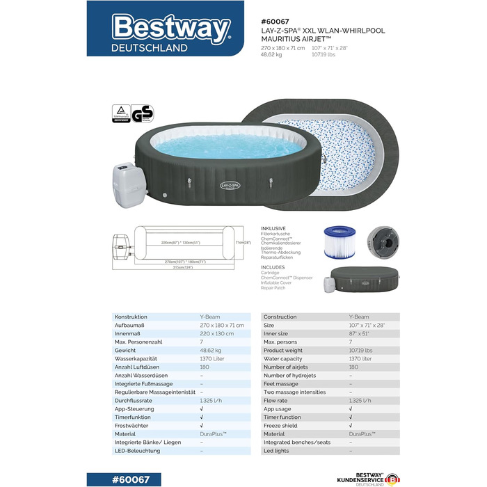 Надувний спа-басейн з гідромасажем Bestway LAY-Z-SPA XXL Mauritius AirJet з Wi-Fi, овальний, 270 x 180 x 71 см