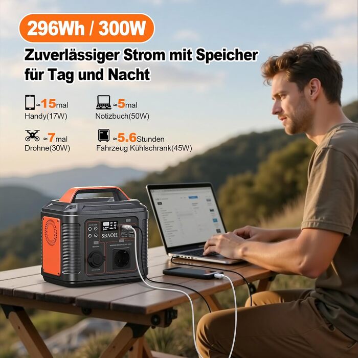Портативна електростанція SBAOH 296Wh з LED-ліхтариком, 300W, 230V, USB, DC, для кемпінгу та подорожей (з сонячною панеллю 60W)