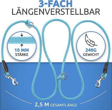 Повідець для собак HappyShephie 2,5 м-Ідеально підходить для собак середнього і великого розміру-легка вага 240 г, Регульований в 3 рази-надзвичайно міцний повідець через плече і подвійний поводок / зелений (2,5 метра, арктичний синій)