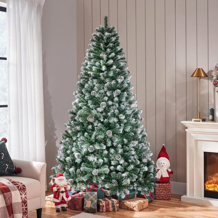 Штучна ялинка Yaheetech зі снігом та 64 шишками, 228 см, 920 гілок, вогнестійка, з металевим підставкою та системою швидкого складання