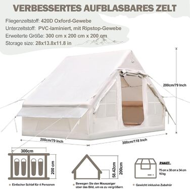 Надувний кемпінговий намет 4-5 осіб Oxford 420D, водонепроникний 3000мм, з насосом та вікнами, для 4 сезонів, 300x200x200 см