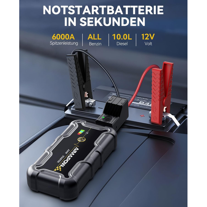 Powerbank з компресором та пусковим пристроєм AIMAPOW для автомобіля: 27000mAh, 160PSI, 6000A, LED-ліхтар, сумісний з бензиновими та дизельними двигунами (до 12.0L)