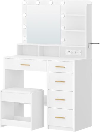 Дзеркальний туалетний столик Hzuaneri з LED-підсвіткою (10 LED), пуфом, великим дзеркалом, тримачем для фену та шухлядами, білий DT39003X