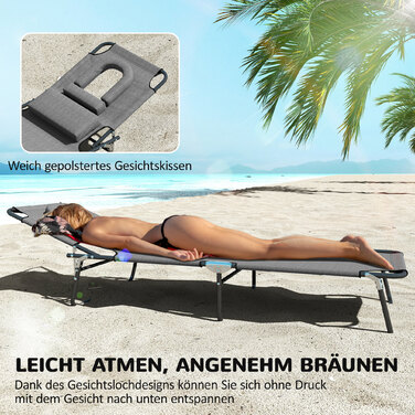 Лежак для відпочинку на сонце з отвором для обличчя та подушкою, складаний, з водовідштовхувальним покриттям, металевий каркас, темно-сірий