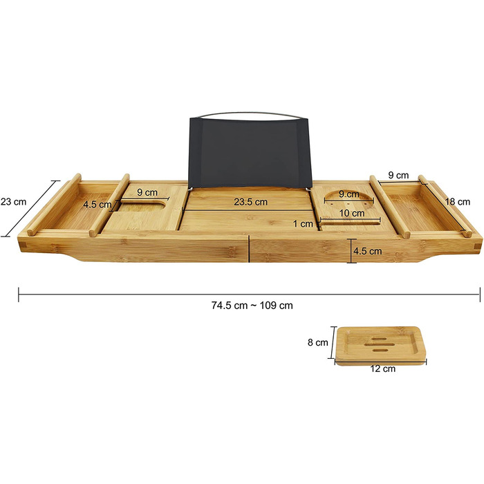 Піддон для ванни Todeco, дошка для ванни-Матеріал бамбук-Розмір 109 х 23 х 3,8 см-з 2 знімними тримачами і тримачем для мила, тканина (чорна)