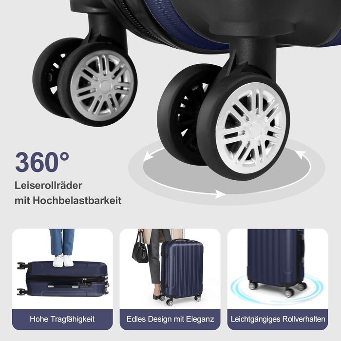 Набір валіз LALAHO 5 шт. з косметичками, з ABS пластику, для подорожей, ручна та велика валіза, блакитний (смужки)