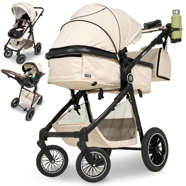 Дитяча коляска 3 в 1 з автокріслом та люлькою | Коляска для новонароджених з 5-точковим ременем безпеки, світло-оливкового кольору, без Isofix