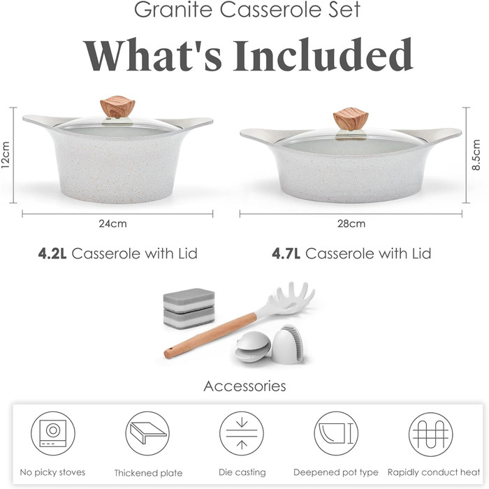 Набір каструль та сковорідок RIOVARM з індукційним дном та знімними ручками, з антипригарним покриттям (граніт), складаний, з силіконовими кришками, без PFOA. Підходить для приготування їжі на індукційних плитах.