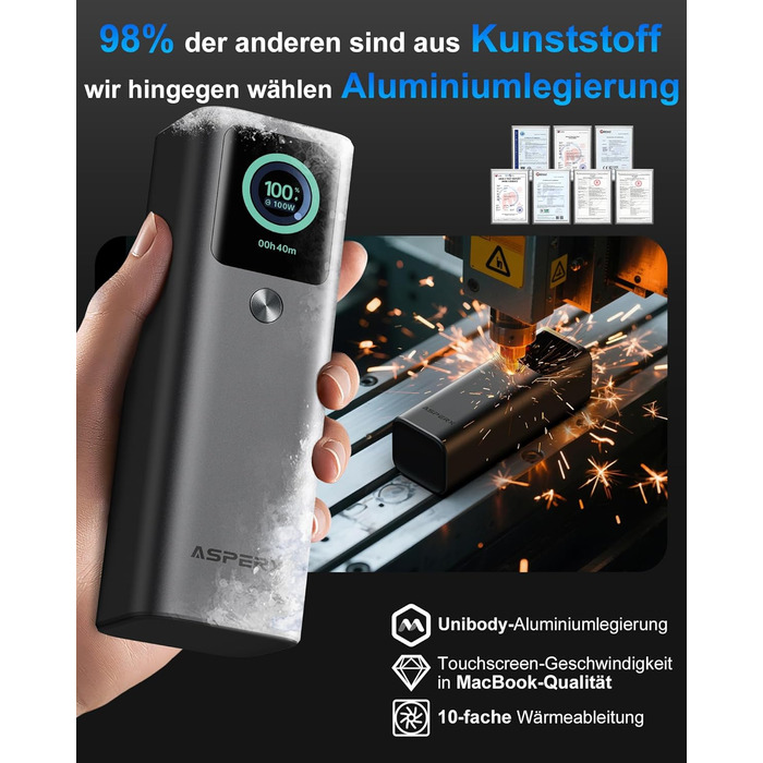 Power Bank AsperX 20000mAh, 165W, 2x USB-C (100W), для ноутбуків, iPhone, MacBook, Samsung, вбудований кабель 60см, TFT-дисплей