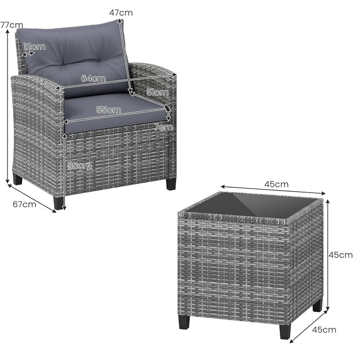 Набір садових меблів LIFEZEAL 3 предмети: 2 крісла та стіл з ротангу PE, скляний столик, подушки для тераси, балкона, саду (Сірий)