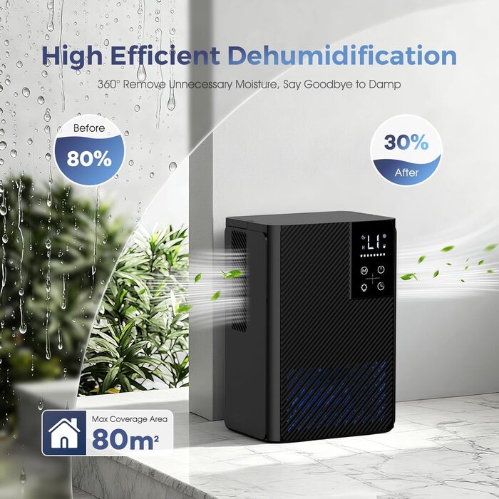 Електричний осушувач повітря, тихий, 2.5L з LED дисплеєм, автоматичне відтанення, проти вологи та плісняви, енергозберігаючий, чорний