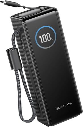 EcoFlow Rapid Powerbank 25000 mAh 170W з вбудованим кабелем, чорний - портативний зарядний пристрій для iPhone, Samsung, MacBook та інших пристроїв