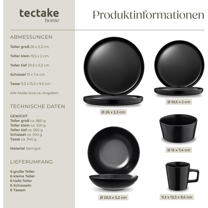 Набір посуду Tectake® 30 предметів: тарілки, миски, чашки, тарілки для їжі та сніданку, глибокі тарілки, миски. Чорний набір посуду з каменю, 6 осіб.