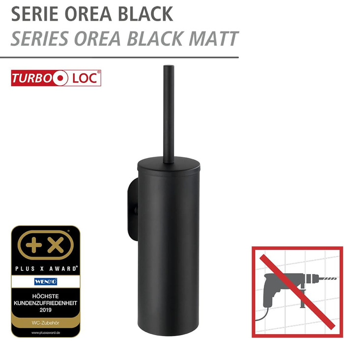 Набір для унітазу WENKO Turbo-Loc Orea Black Matt закритий, кріплення без свердління, тримач для щітки для унітазу з гігієнічною щіткою для унітазу, міцної якості, виготовлений з нержавіючої сталі чорного матового кольору