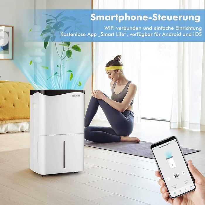 Електричний осушувач повітря COSTWAY з 3 режимами, об'єм 50 л/добу, 6,5 л бак, таймер 24 год, 2 швидкості, режим сну ≤ 42 дБ, для приміщень до 30 м²