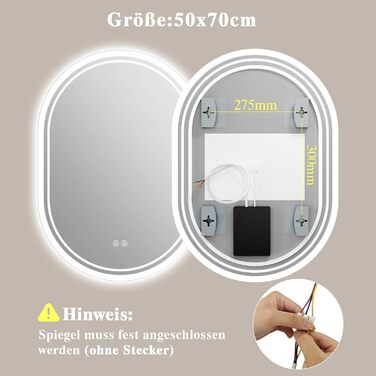 LED дзеркало для ванної кімнати Badspiegel з підсвічуванням, антизапар, сенсорне керування, регулювання яскравості, 3 кольори світла, овальне, 50x70 см