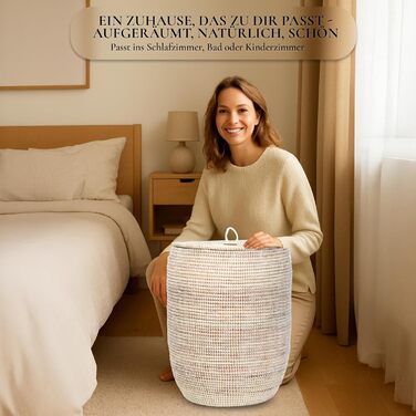 Кошик для білизни YAADU з кришкою - великий (XXL), африканський кошик для збору білизни, кошик для прання, білий/плоский