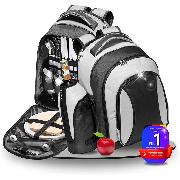 Набір для пікніка на 4 особи - 21 предмет. Водонепроникний рюкзак-холодильник Deluxe з великим відділенням для охолодження, похідний посуд та багаторазовий посуд чорного/сірого кольору