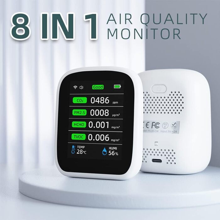 Портативний тестер якості повітря Irfora Tuya WiFi 8 в 1: PM1.0, PM2.5, PM10, CO2, TVOC, HCHO, температура, вологість, LCD-дисплей