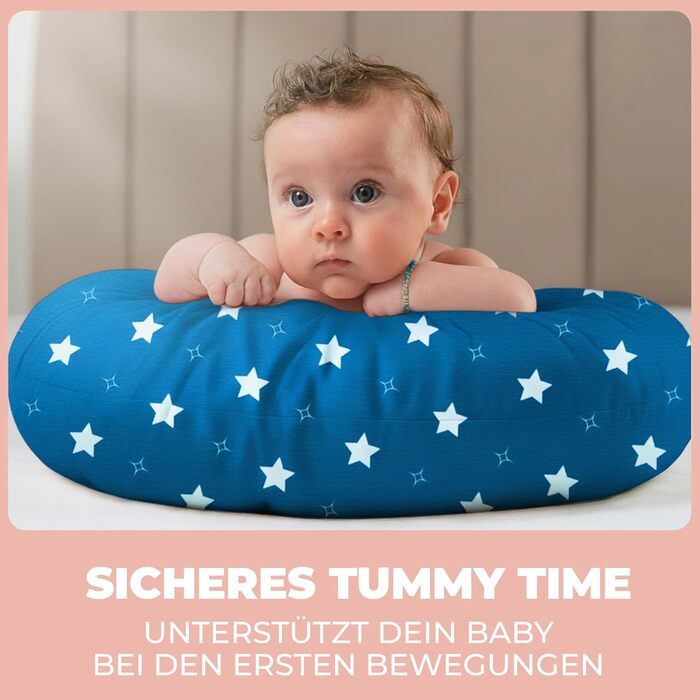 Підголівник для вагітних Stillkissen XXL 200x70см, подушка для годування та сну, балоньєра, з бавовняним чохлом, ергономічна, багатофункціональна, 100% бавовна, блакитний колір з білими зірками