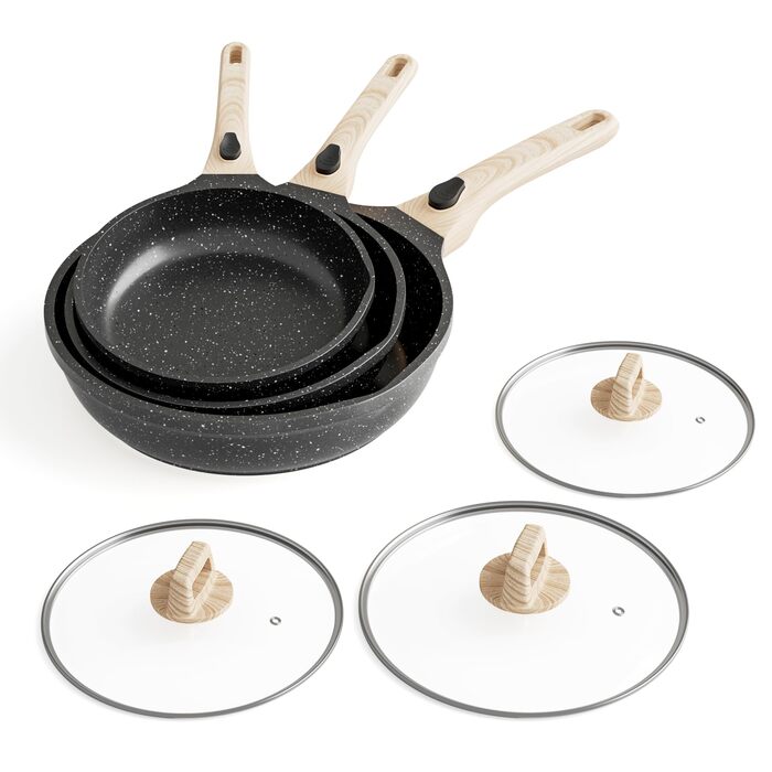 Набір сковорідок RIOVARM з індукційним покриттям та знімними ручками, антипригарний набір з кришками 20/24/28 см, без PFOA, посуд для всіх типів плит, придатний для миття в посудомийній машині та духовки (Чорний, 3 шт. з кришками та знімними ручками)