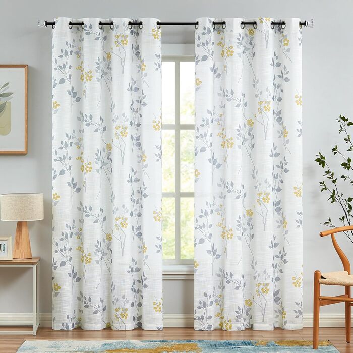 Штори Beauoop Yellow Grey Voile, Квітковий візерунок, Лляний вигляд, Комплект з 2 шт. , 127x245см, напівпрозорі