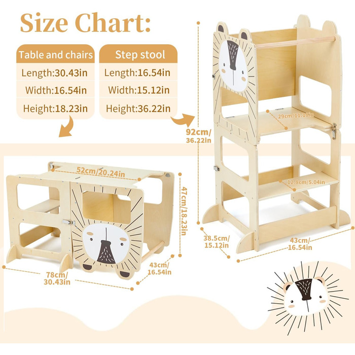 Дерев'яний навчальний столик-сходинка Labebe Montessori для дітей від 1 року (92x38.5x42 см), 3-в-1, з дошками для повідомлень
