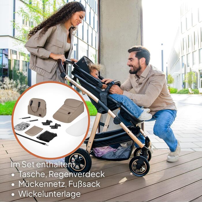 Дитяча коляска Lionelo Amber 3-в-1: люлька, автокрісло i-Size, прогулянковий блок, резина, поворотні колеса, великий капюшон UPF 50+, сумка, москітна сітка, дощовик (Бежево-пісочний)