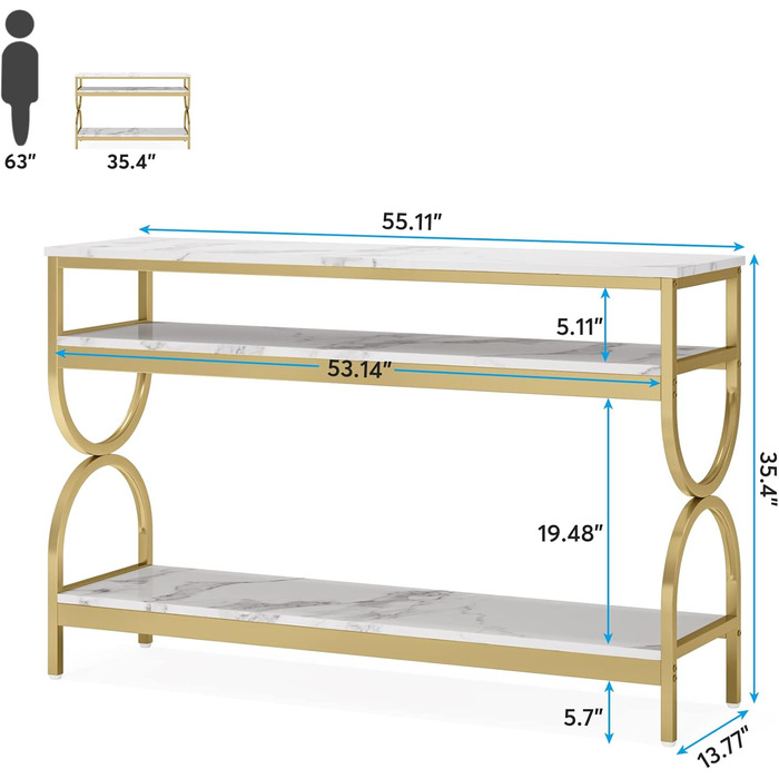 Рівневий консольний стіл Tribesigns, 140x35x90 см, зі стільницею зі штучного мармуру, білий і золотий, для входу в вітальню, 3-