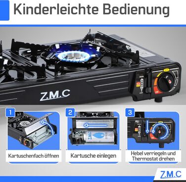 Преміум газовий набір для кемпінгу ZMC з 2 конфорками, 2,5 кВт, Piezo-запалювання, валіза для транспортування. Ідеально для відпочинку на природі, балкону та дому. Включає гриль-плиту 45×24 см та 227г газові картриджі.