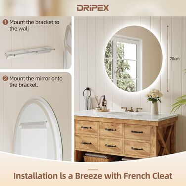 Дзеркало для ванної кімнати з LED підсвічуванням Dripex, сенсорне керування, регулювання яскравості, 3 кольори світла, антизапарник, 80x80 см (кругле)