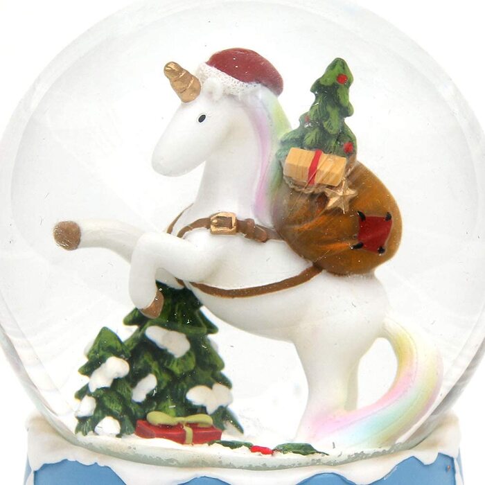 Деко-герої24 Снігова куля на хитромудро прикрашеному підставі, з музичним супроводом, мелодія Біле Різдво, Розміри L/B/H 12,5 x 12 x 14,5 см Сфера Ø 10 см (Єдиноріг)