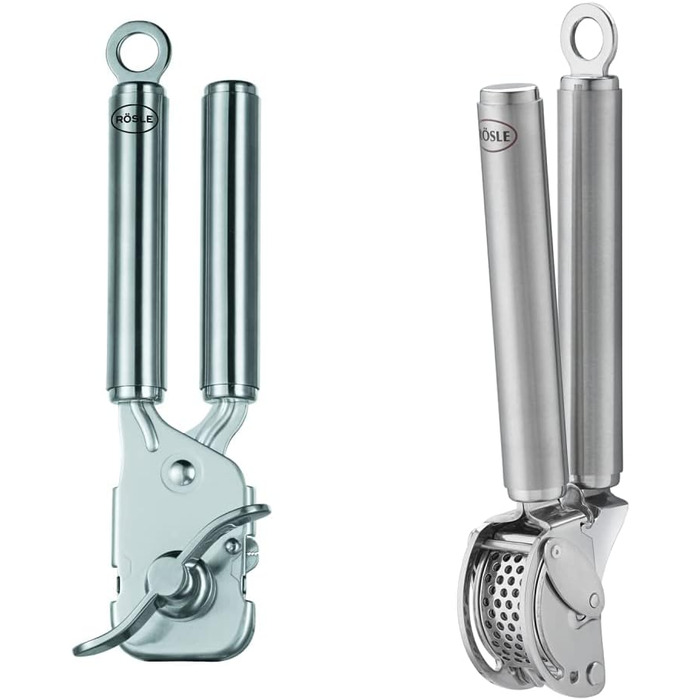 Преса для імбиру та часнику RÖSLE з відкидним ситом, нержавіюча сталь 18/10, придатна для миття в посудомийній машині (з відкривачем для банок)