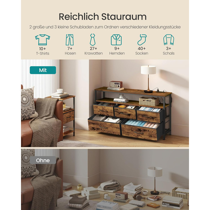 SONGMICS BELLAH: Комод з LED-підсвіткою, тумба з бездроговою зарядкою, 5 шухляд, індустріальний стиль, vintage brown + ink black