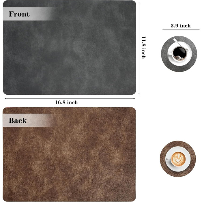 Набори серветок Pixieora для столу (4 шт.) з екошкіри, миючі, з підставками під тарілки, сірий та світло-коричневий кольори