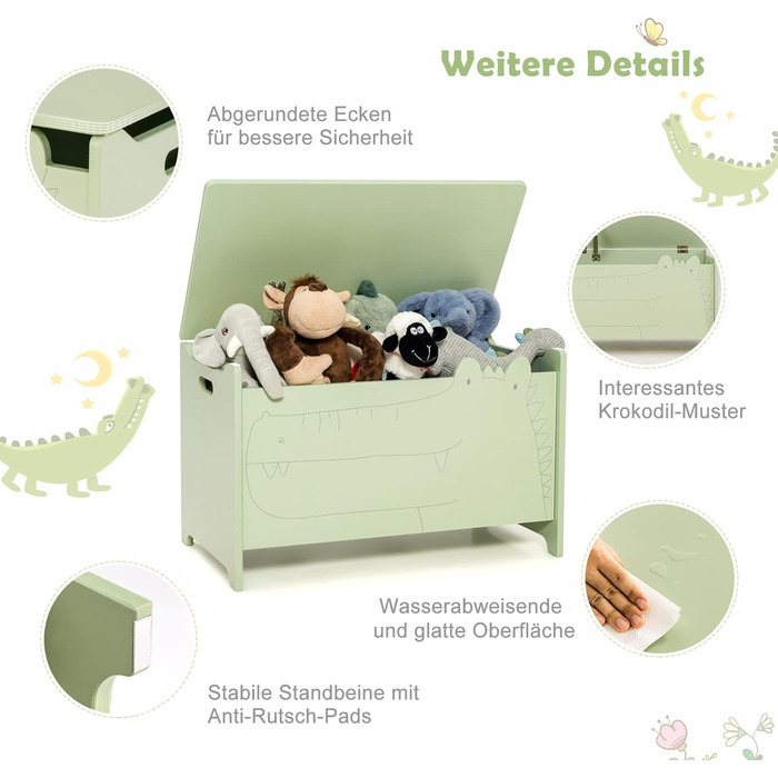 Дерев'яна іграшкова скриня DREAMADE, 60x33x37,5 см, стільчик для дитини, ящик для іграшок з кришкою, дитяча скриня, органайзер для дитячої кімнати (зелений)