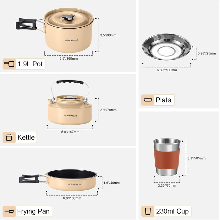 Набір кемпінгового посуду Odoland на 2 персони, в т.ч. сковорода, каструля, чайник 0,8 л, столові прилади, хакі