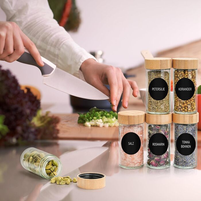 Набір баночок для спецій, 24 шт по 100 мл з етикетками та дерев'яними кришками | Набір баночок для спецій, баночки для приправ, зберігання спецій