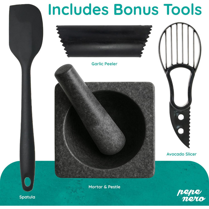 Набір ступка та товкачок з подрібнювачем часнику, прес-шнеком для авокадо та мискою для гуакамоле – автентичний мексиканський молькахе з граніту, велика ступка та товкачок для спецій