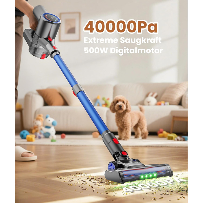 Версліф: Бездротовий акумуляторний пилосос 500W, 45 хв роботи, 40kPa, LED-дисплей, для дому та авто, синій