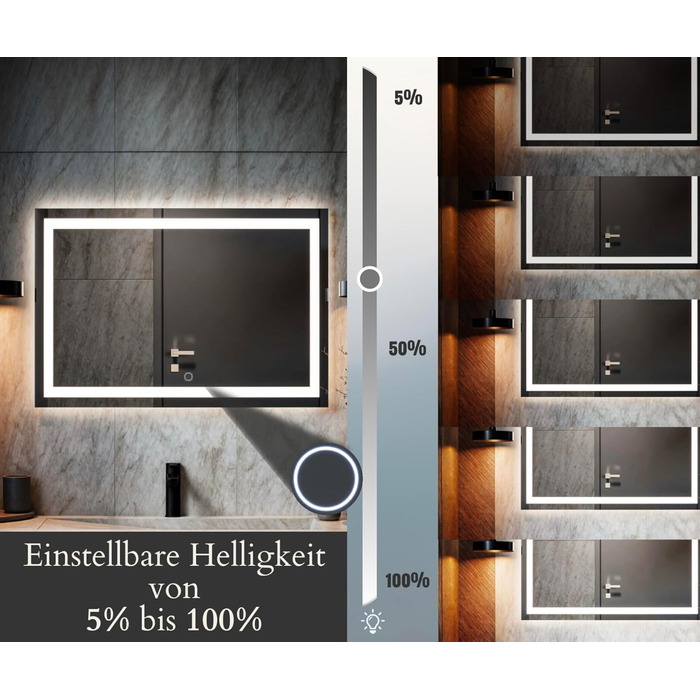 LED дзеркало для ванної кімнати з підсвічуванням, настінне, диммер, колір світла: теплий, холодний, нейтральний, сучасний дизайн, антизапар, енергозберігаюче, 50 x 120 см