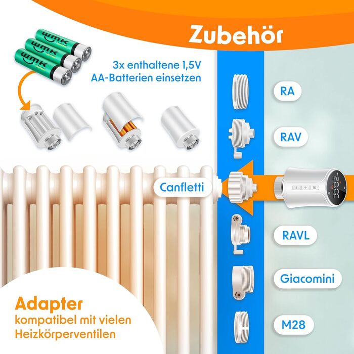 KESSER® WiFi термостат на радіатор опалення з керуванням через додаток Smart Home | Комплект з 6 вентилів для опалення, сумісний з Alexa та Google Assistant | Економія енергії та коштів, білий