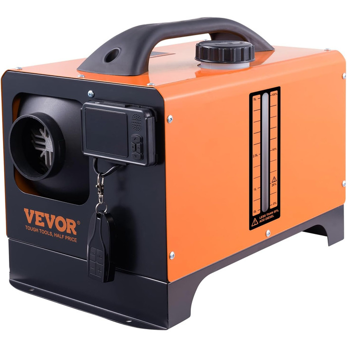 Автономний дизельний опалювач VEVOR 12V 5kW з LCD-дисплеєм, пультом дистанційного керування та Bluetooth, 0.16-0.52 л/год, помаранчевий