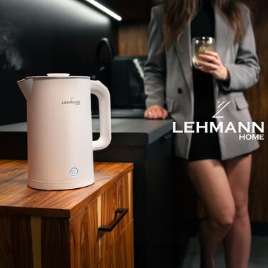 Електричний чайник Lehmann Edelstahl 1.7L, 2200W з подвійними стінками, автоматичне відключення, захист від перегріву, BPA-free, для дитячого харчування, чаю та кави (Білий)