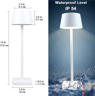 LED настільна лампа бездротова, 6000mAh, IP54, алюміній, сенсорне керування, тепле світло, для спальні, кав'ярні, ресторану