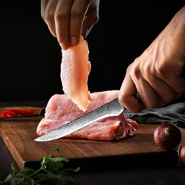 Японський кухонний ніж FANTECK Gyuto з дамаської сталі 67 шарів (20 см) з ручкою Pakkaholz. Професійний ніж для кухні, 5.5 дюймів. У подарунковій коробці.