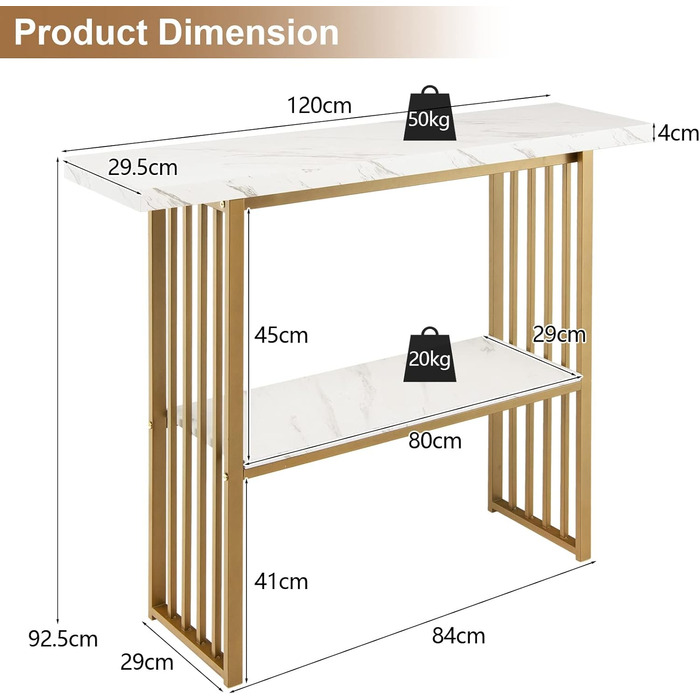 Сталевий консольний стіл GIANTEX з мармуровим візерунком, 2 полиці, економія місця, 120 x 29.5 x 93 см