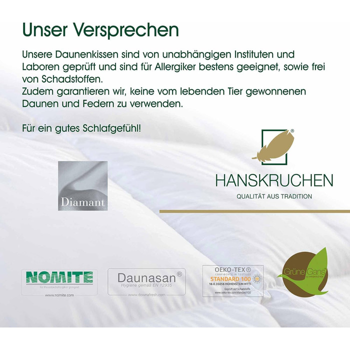 Високоякісна трикамерна подушка з діамантом Преміальний софт 40х80 см білі північнонімецькі нові гусячі пір'я і пух, I клас, 70. Пір'я / 30 пух 100 бавовна Продукт німецької якості 925.22.305 від HANSKRUCHEN Soft Supportive 40 x 80 см