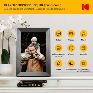 Цифровий фоторамка Kodak WiFi, 10.1 дюйма, HD IPS сенсорний екран, 32GB, автоматичне обертання, WiFi, для стін, чорний