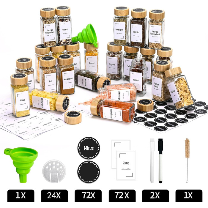 Набір бамбукових контейнерів для спецій на 24 шт. (120 мл) з воронками та етикетками